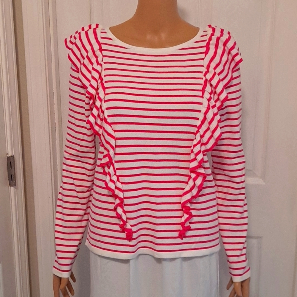 Lilly Pulitzer Lightweight Marceline Ruffle Sweater Pink and White
